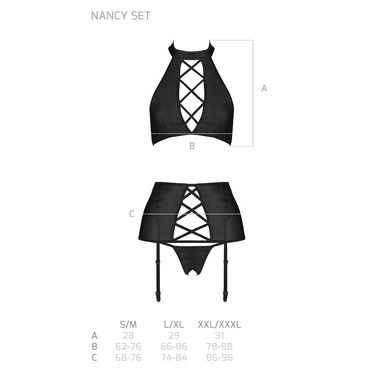 Комплект из эко-кожи с имитацией шнуровки: топ, трусики? пояс для чулок Nancy Set black L/XL, Черный