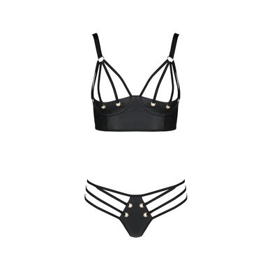 Комплект из эко-кожи Passion Malwia Bikini black L/XL: с люверсами и ремешками, бра и трусики, Черный