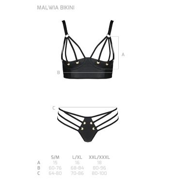 Комплект из эко-кожи Passion Malwia Bikini black S/M: с люверсами и ремешками, бра и трусики, Черный