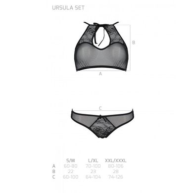 Комплект Passion URSULA SET black L/XL: бра, трусики с ажурным декором и открытым шагом, Черный