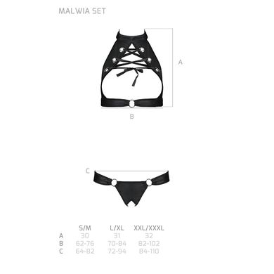 Комплект из эко-кожи Passion Malwia Set with Open Bra black S/M: топ и трусики с люверсами, Черный