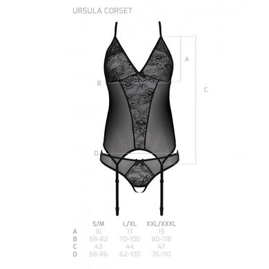 Корсет Passion Ursula Corset black L/XL, с пажами, трусики с ажурным декором и открытым шагом, Черный