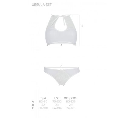 Комплект Passion URSULA SET white XXL/XXXL: бра, трусики с ажурным декором и открытым шагом, Белый